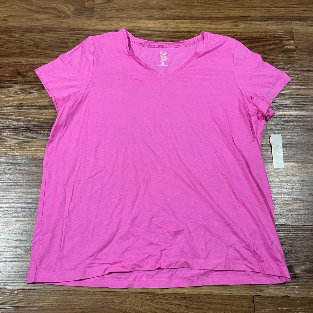 HUE Sleepwear Short Sleeve V-Neck Pajama T-SHIRT Pink Cotton Women's Size XL